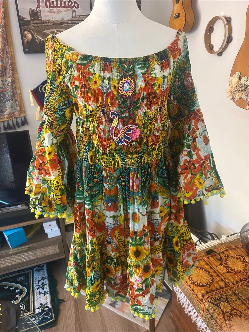 Positano Boho Floral Off-Shoulder Smocked Dress with matching  bag